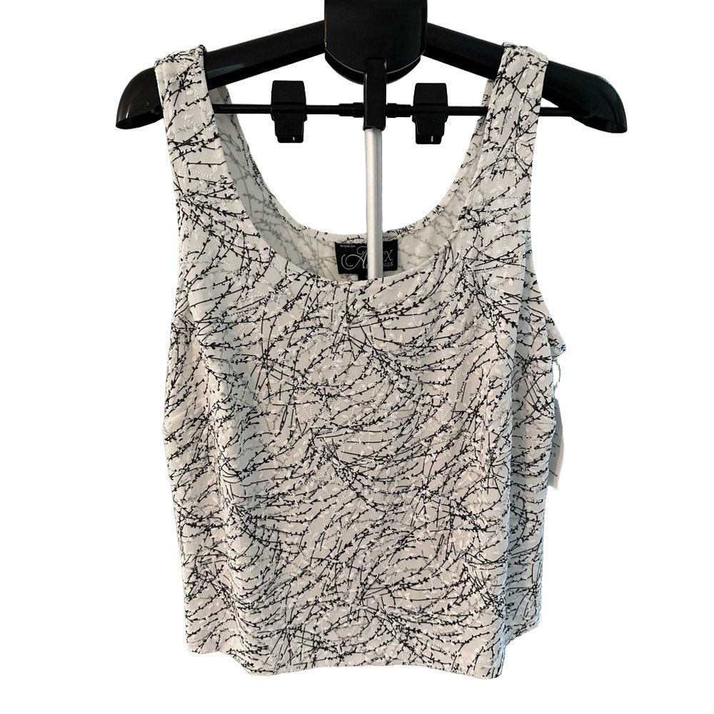 NWT ALEX EVENINGS WHITE TANK TOP WITH BLACK AND SILVER SPARKLE DESIGN